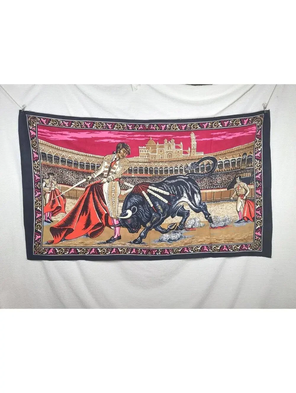 Vtg Velvet Tapestry Matador Cotton Wall Art 35x58” Retro Rug 1970s Spain Bull